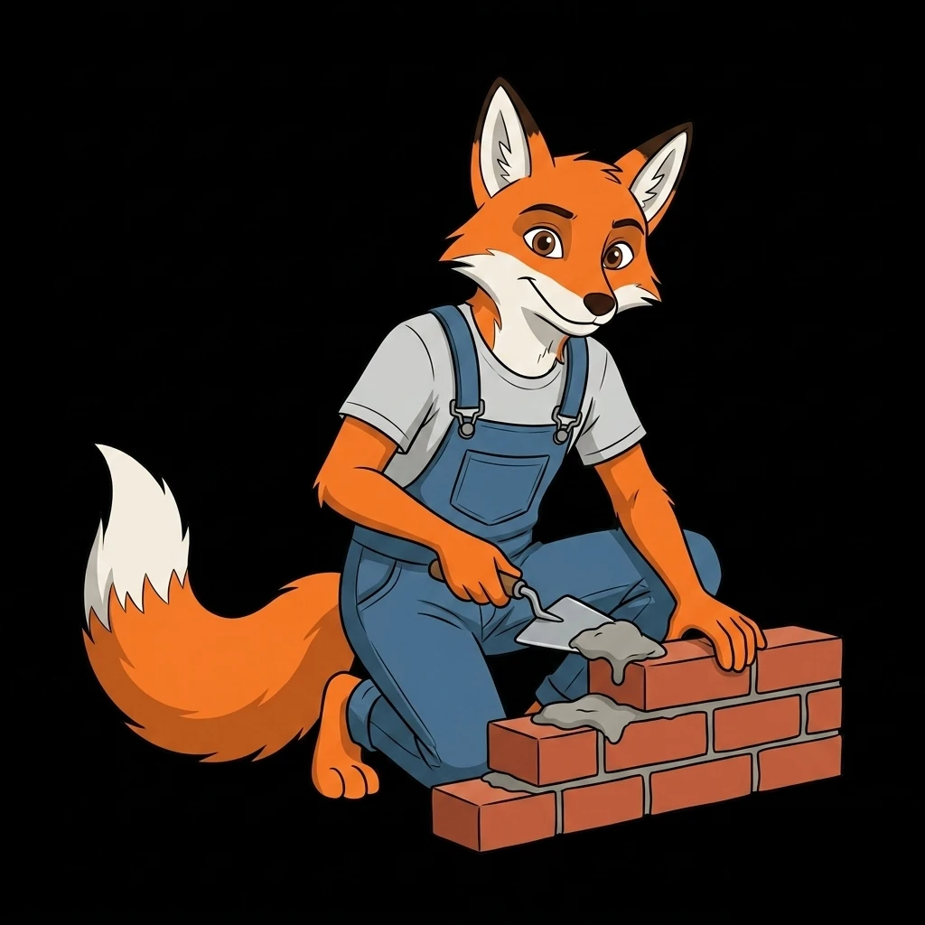 Renard maçonnant un mur de briques